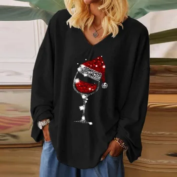 2020 Moda cu Maneci Lungi Crăciun Doamnelor T-Shirt Casual Pierde V-Gât Pahar de Vin Roșu Imprimare Pulover Femei Top plus Dimensiune Mare