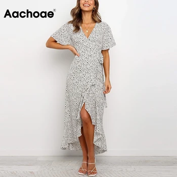 Aachoae 2020 Vintage Imprimate Maxi Lung Femei Rochie De Vara Boho Plaja Split Dress V Gâtului Maneca Scurta Volane Casual, Rochii Warp