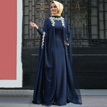 Caftan Abaya Musulman Rochii de Seara High Neck Maneca Lunga Bleumarin Inchis Dubai arabă Rochie de Bal celebritate Formale Rochii de Petrecere