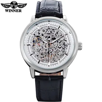 CÂȘTIGĂTORUL brand de lux de moda sport ceasuri mecanice curea din piele pentru bărbați mână vânt schelet caz de argint ceasuri reloj hombre