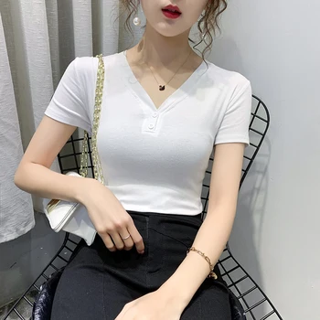 Gkfnmt Sexy Short Sleeve V-Neck T-shirt de Vara Butonul Alb din Bumbac pentru Femei Tricouri Casual Tricou Femme Coreea Style Topuri 2020