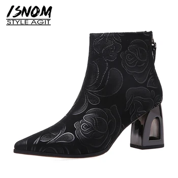 ISNOM piele de Căprioară Glezna Cizme pentru Femei de Flori Subliniat Toe Ciudat Tocuri inalte Scurt Botine Pantofi de Femeie Elegant Doamnelor Cizme Vintage