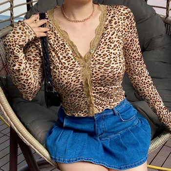Leopard De Imprimare Cardigan Dantela Y2k Sus 2020 Toamna Harajuku Maneca Lunga Deschisă Față De Butonul De Sus De Sus A Culturilor Tricou Camisetas Mujer