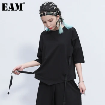 [MEM] Femei Panglică Neagră Split Mare Dimensiune T-shirt Noi Gât Rotund Maneca Trei sferturi Mareea Moda Primavara-Vara 2021 1Z355