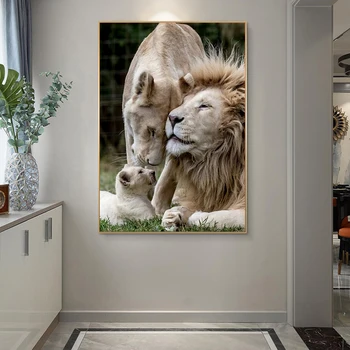 Modern Art Animal Leu Familie Panza Tiparituri Postere si Printuri de Arta de Perete Imagini pentru Decor Cameră de zi (Fara Rama)