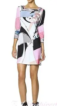 Nou Designer de Branduri de Lux pentru Femei Multicolor Geometric Print 3/4 Sleeve Stretch Jersey Mătase Plus Dimensiunea Rochie XXL
