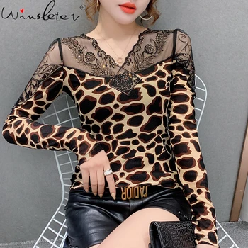 Primavara Toamna Tricou Fete de Moda Sexy Leopard Îmbinat Plasă de Femei Elegante Bluze cu Maneca Lunga Diamante Strălucitoare Teuri 2021 T0D003A