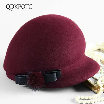 QDKPOTC Toamna Iarna Femei de Înaltă Calitate Lână Simțit Fedoras Pălărie Nobil Dineu Elegant de Pălării Fluture ghem de blană pe Cap Bereta