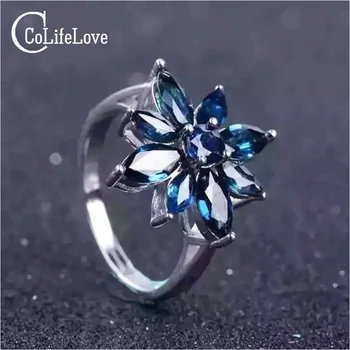 Romantic safir inel de flori natural de culoare albastru safir inel argint solid 925 sterling silver inel cu safir pentru petrecerea de seara