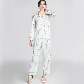Satin Florale Imprimate Pijamale de Vara pentru Femei Toamna Imprimate cu Mâneci Lungi Lomng Pantaloni Homewear Set Verde Alb Pijamas de sex Feminin
