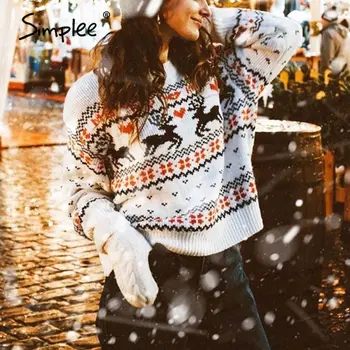 Simplee O-gât de Moda de Crăciun pulovere femei cu maneca lunga de Toamna iarna cerb de imprimare tricotate femei pulover Chic doamnelor pulover