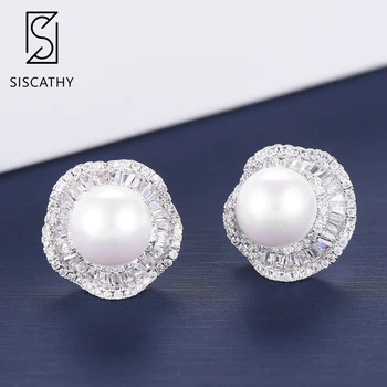 SISCATHY Trendy coreean Forma de Floare Imitație Pearl cercei moda bijuterii zircon Incrustate Cercei Stud Pentru Femei Fete