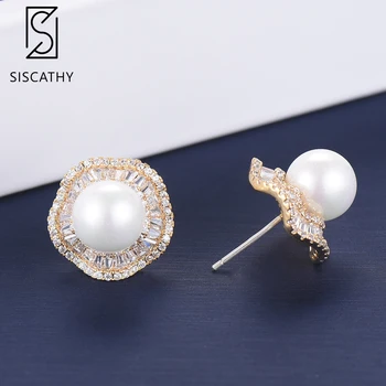 SISCATHY Trendy coreean Forma de Floare Imitație Pearl cercei moda bijuterii zircon Incrustate Cercei Stud Pentru Femei Fete
